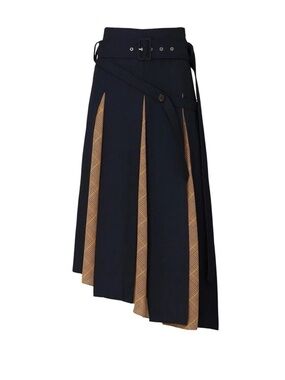 Rokh Asymmetric Navy and Tan Pleated Skirt with Belt Size 10